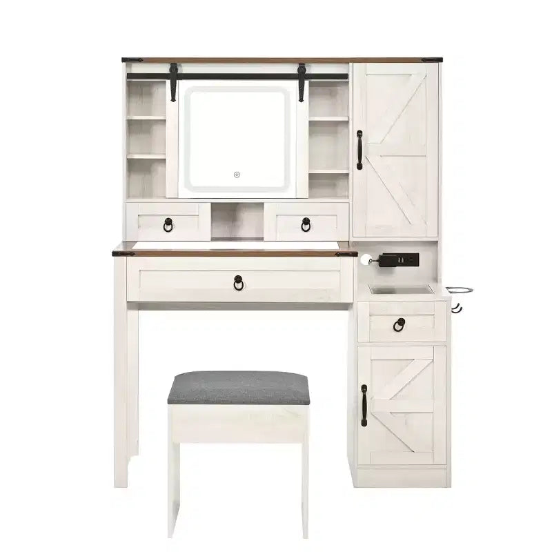 Coiffeuse de maquillage style farmhouse avec miroir LED coulissant, 4 tiroirs et 2 armoires, station de charge, plateau en verre et meuble latéral pour chambre