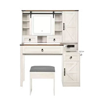 Coiffeuse de maquillage style farmhouse avec miroir LED coulissant, 4 tiroirs et 2 armoires, station de charge, plateau en verre et meuble latéral pour chambre