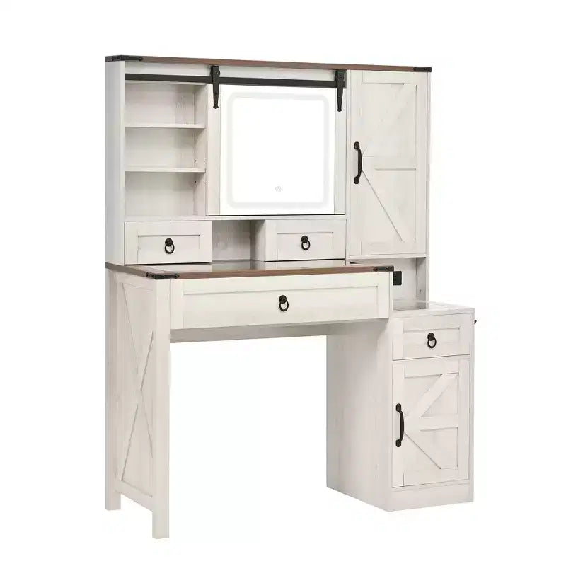 Coiffeuse de maquillage style farmhouse avec miroir LED coulissant, 4 tiroirs et 2 armoires, station de charge, plateau en verre et meuble latéral pour chambre