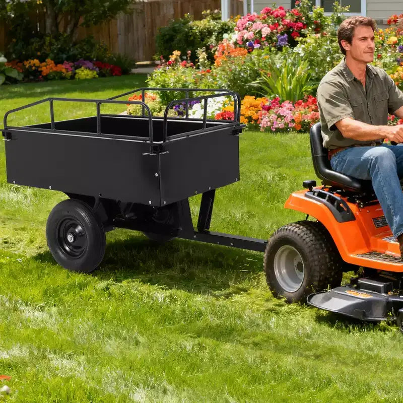 Remorque à benne ATV/UTV 750 lbs capacite 15 pieds cubes, panneaux lateraux renforces, remorque tout-terrain robuste avec fonction de dechargement pour jardinage et ferme