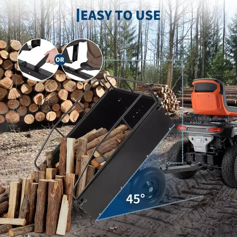 Remorque à benne ATV/UTV 750 lbs capacite 15 pieds cubes, panneaux lateraux renforces, remorque tout-terrain robuste avec fonction de dechargement pour jardinage et ferme