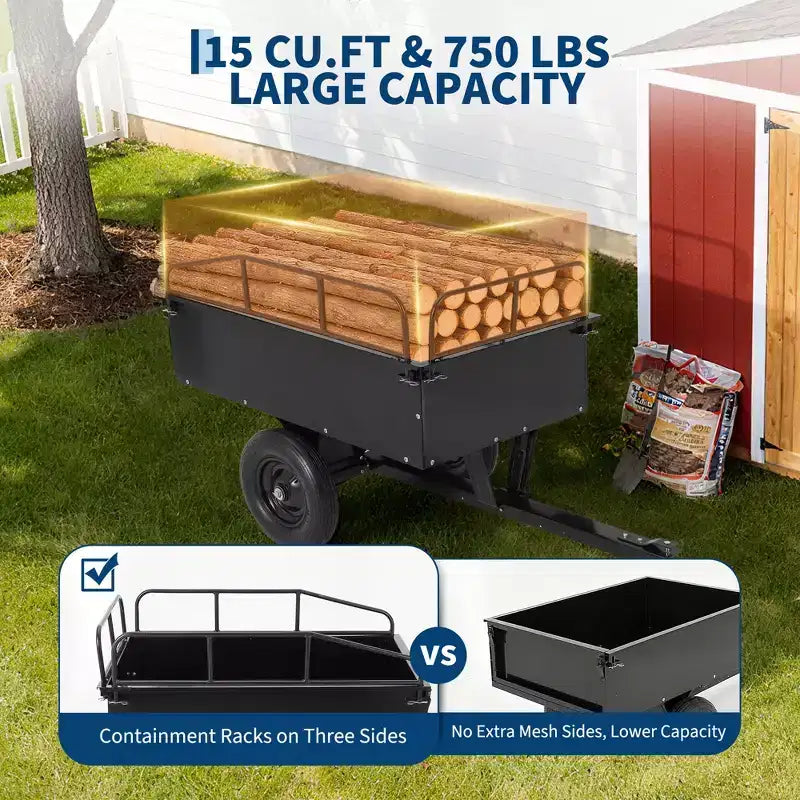 Remorque à benne ATV/UTV 750 lbs capacite 15 pieds cubes, panneaux lateraux renforces, remorque tout-terrain robuste avec fonction de dechargement pour jardinage et ferme