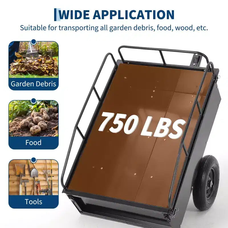 Remorque à benne ATV/UTV 750 lbs capacite 15 pieds cubes, panneaux lateraux renforces, remorque tout-terrain robuste avec fonction de dechargement pour jardinage et ferme
