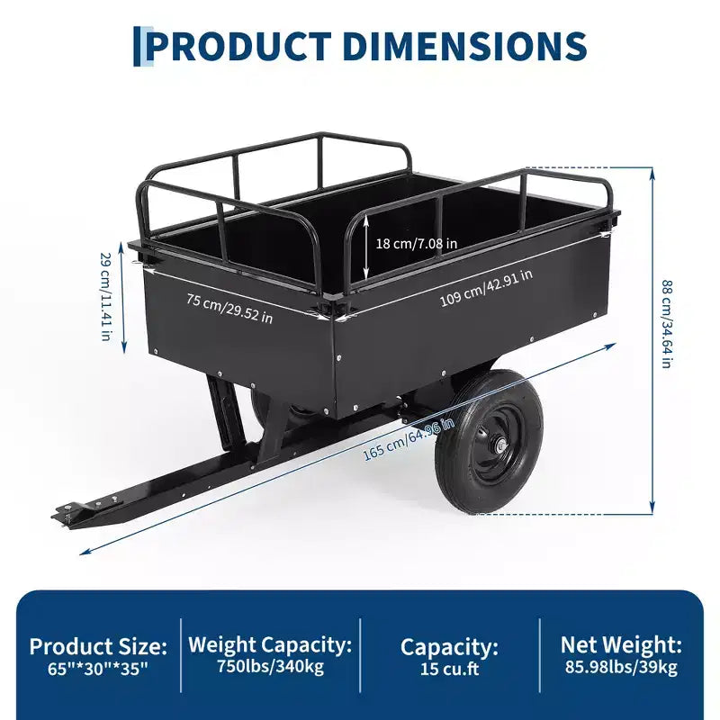 Remorque à benne ATV/UTV 750 lbs capacite 15 pieds cubes, panneaux lateraux renforces, remorque tout-terrain robuste avec fonction de dechargement pour jardinage et ferme