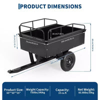 Remorque à benne ATV/UTV 750 lbs capacite 15 pieds cubes, panneaux lateraux renforces, remorque tout-terrain robuste avec fonction de dechargement pour jardinage et ferme