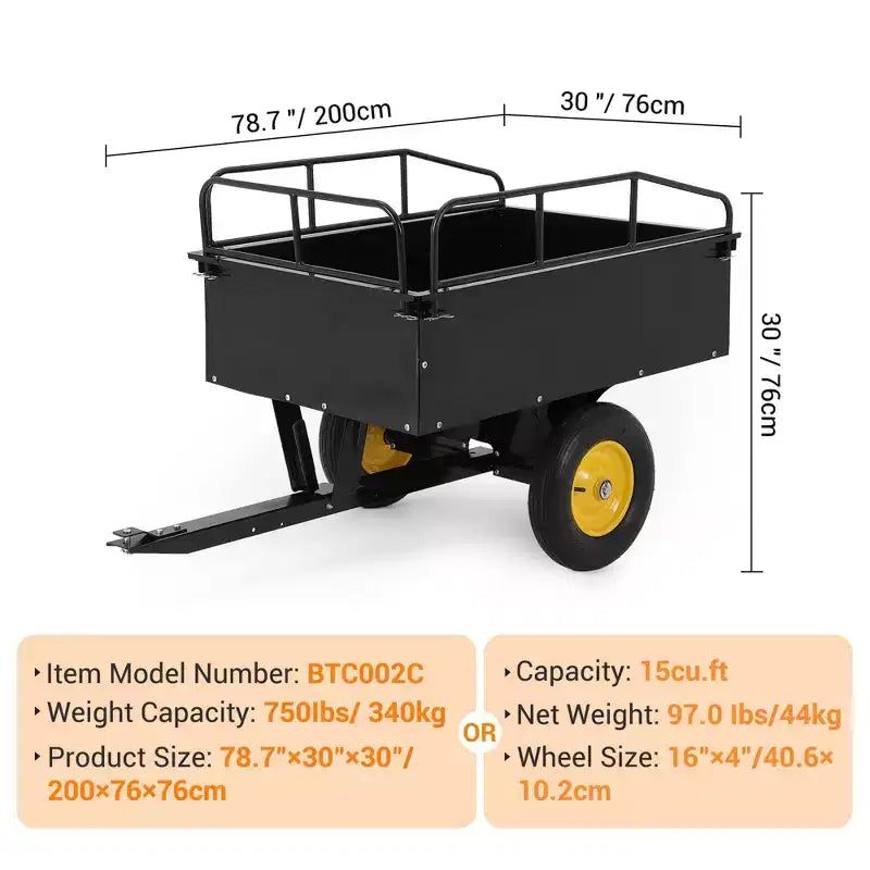 Remorque à benne ATV/UTV 750 lbs capacite 15 pieds cubes, panneaux lateraux renforces, remorque tout-terrain robuste avec fonction de dechargement pour jardinage et ferme