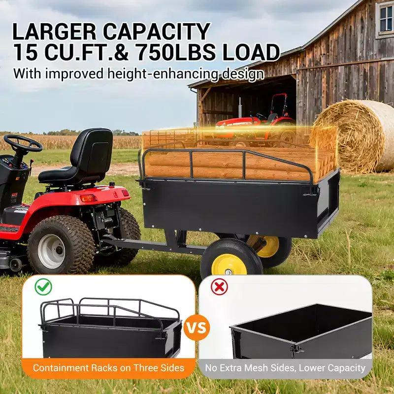 Remorque à benne ATV/UTV 750 lbs capacite 15 pieds cubes, panneaux lateraux renforces, remorque tout-terrain robuste avec fonction de dechargement pour jardinage et ferme