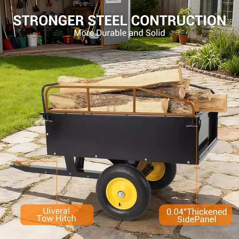 Remorque à benne ATV/UTV 750 lbs capacite 15 pieds cubes, panneaux lateraux renforces, remorque tout-terrain robuste avec fonction de dechargement pour jardinage et ferme