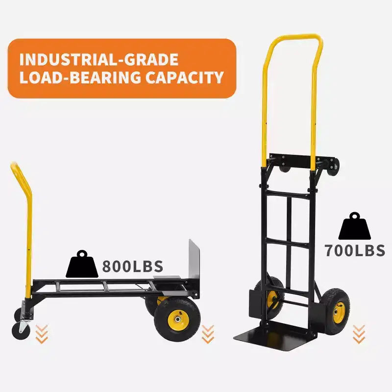 Diable pliable convertible 2-en-1, 4 roues increvables, capacité de 180 kg, pour entrepôt, bureau, usage industriel