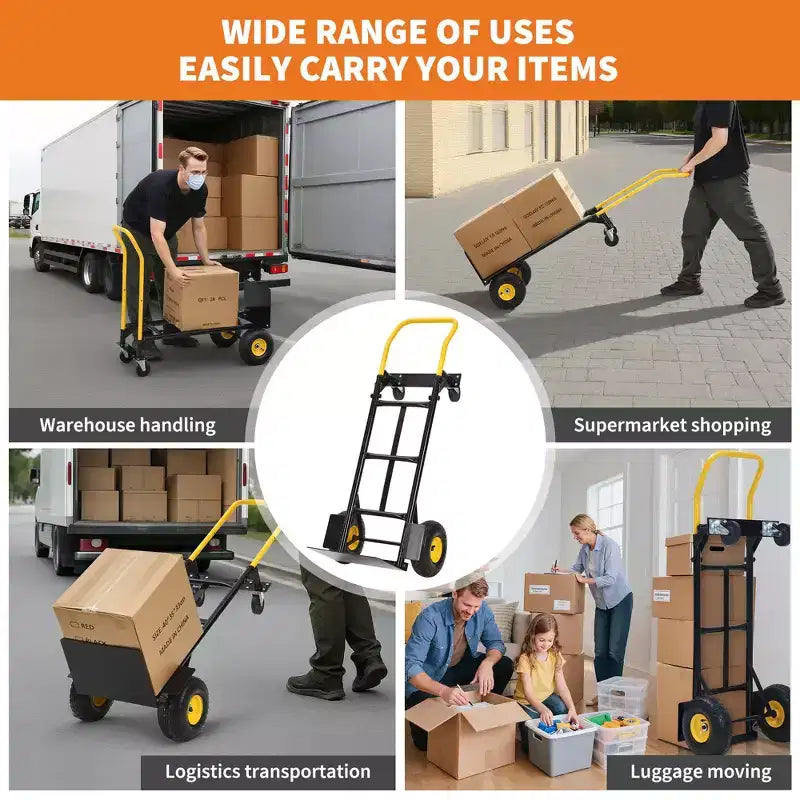 Diable pliable convertible 2-en-1, 4 roues increvables, capacité de 180 kg, pour entrepôt, bureau, usage industriel
