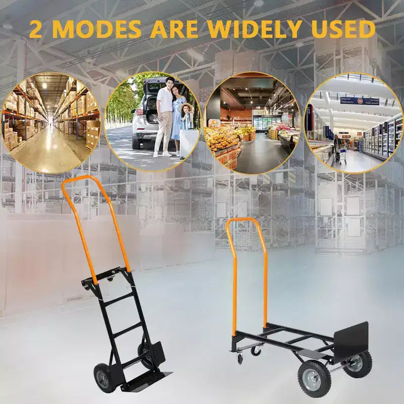 Diable pliable convertible 2-en-1, 4 roues increvables, capacité de 180 kg, pour entrepôt, bureau, usage industriel