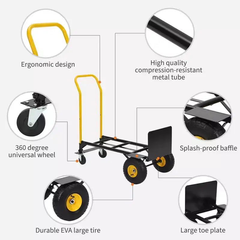 Diable pliable convertible 2-en-1, 4 roues increvables, capacité de 180 kg, pour entrepôt, bureau, usage industriel
