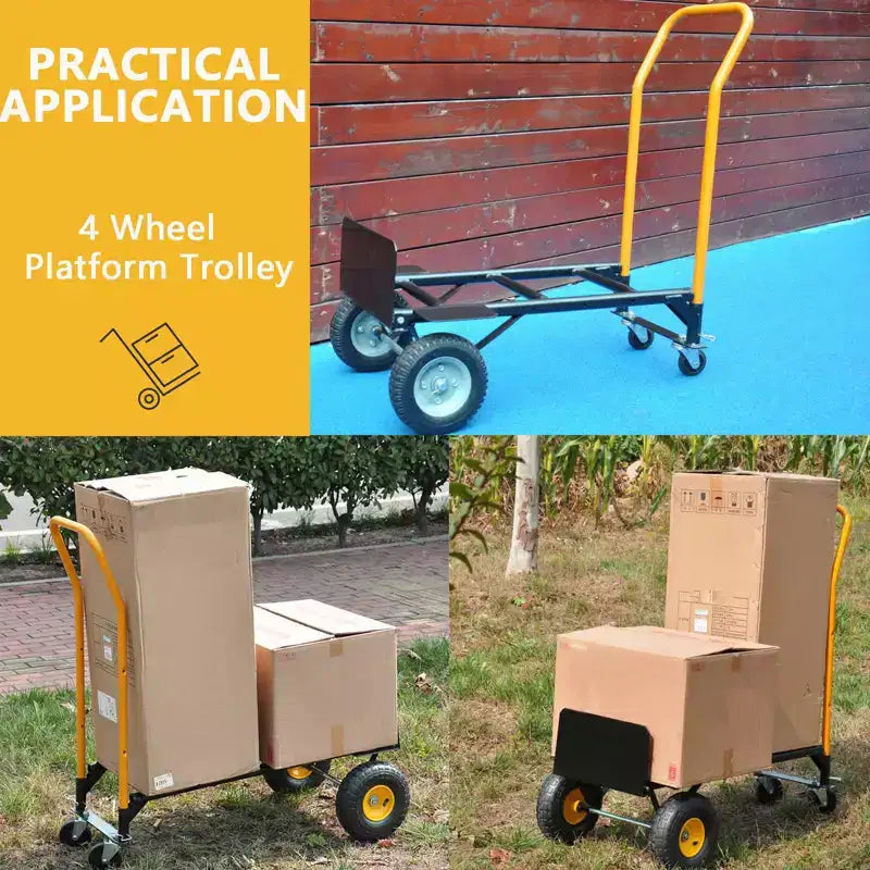 Diable pliable convertible 2-en-1, 4 roues increvables, capacité de 180 kg, pour entrepôt, bureau, usage industriel