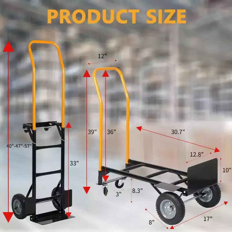 Diable pliable convertible 2-en-1, 4 roues increvables, capacité de 180 kg, pour entrepôt, bureau, usage industriel