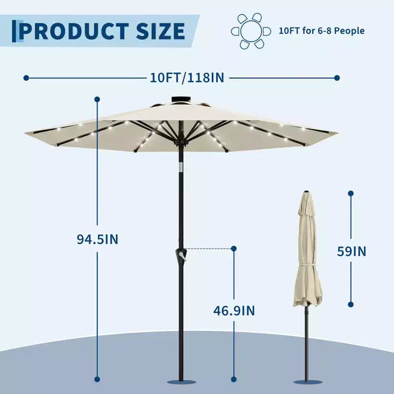 GustoWave Parasol de patio, parasol de table d'extérieur, manivelle, inclinaison à bouton-poussoir et 8 baleines robustes