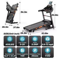 Tapis de course 4-en-1 avec inclinaison de 20 %, tapis de course portables pour la maison avec poignée, tapis de course pliables, 5 CV, 105 programmes