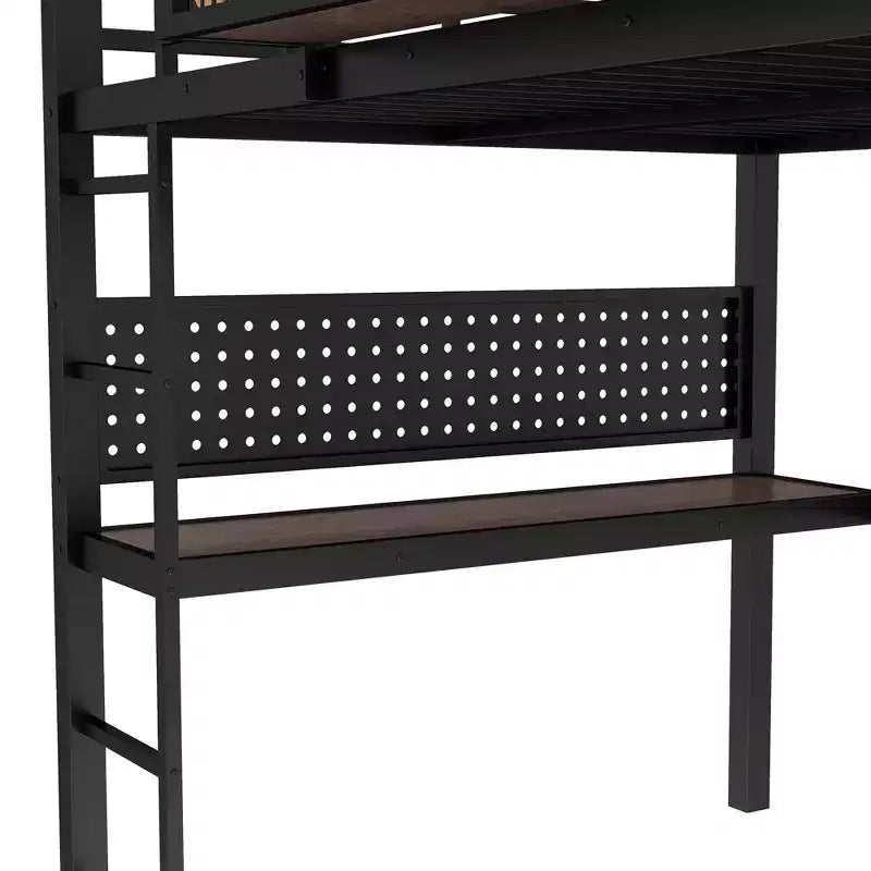 Bellemave lit mezzanine en métal avec bureau et panneau perforé, horloge intégrée et station de charge, panier de rangement, cadre moderne gain de place, tailles Twin XL et Full