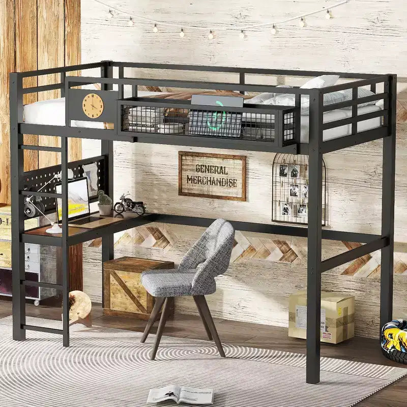 Bellemave lit mezzanine en métal avec bureau et panneau perforé, horloge intégrée et station de charge, panier de rangement, cadre moderne gain de place, tailles Twin XL et Full