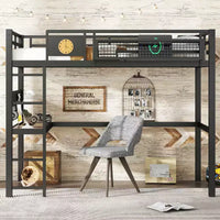 Bellemave lit mezzanine en métal avec bureau et panneau perforé, horloge intégrée et station de charge, panier de rangement, cadre moderne gain de place, tailles Twin XL et Full