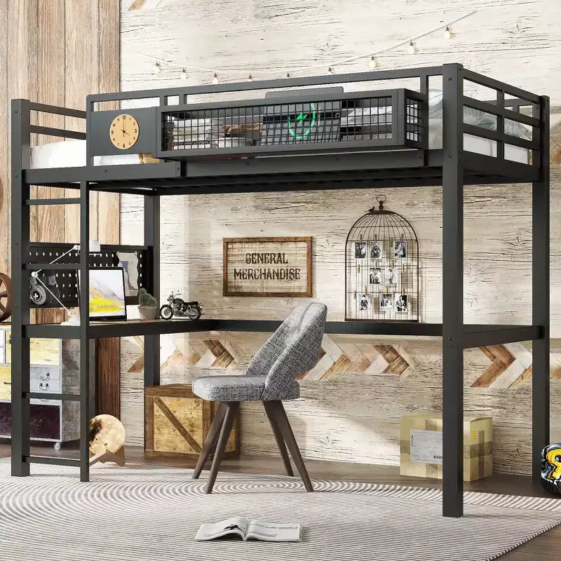 Bellemave lit mezzanine en métal avec bureau et panneau perforé, horloge intégrée et station de charge, panier de rangement, cadre moderne gain de place, tailles Twin XL et Full