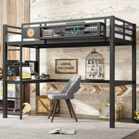 Bellemave lit mezzanine en métal avec bureau et panneau perforé, horloge intégrée et station de charge, panier de rangement, cadre moderne gain de place, tailles Twin XL et Full