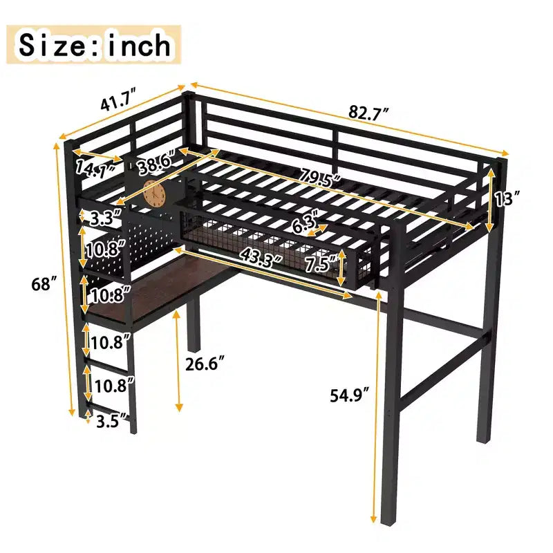 Bellemave lit mezzanine en métal avec bureau et panneau perforé, horloge intégrée et station de charge, panier de rangement, cadre moderne gain de place, tailles Twin XL et Full