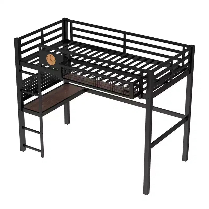 Bellemave lit mezzanine en métal avec bureau et panneau perforé, horloge intégrée et station de charge, panier de rangement, cadre moderne gain de place, tailles Twin XL et Full