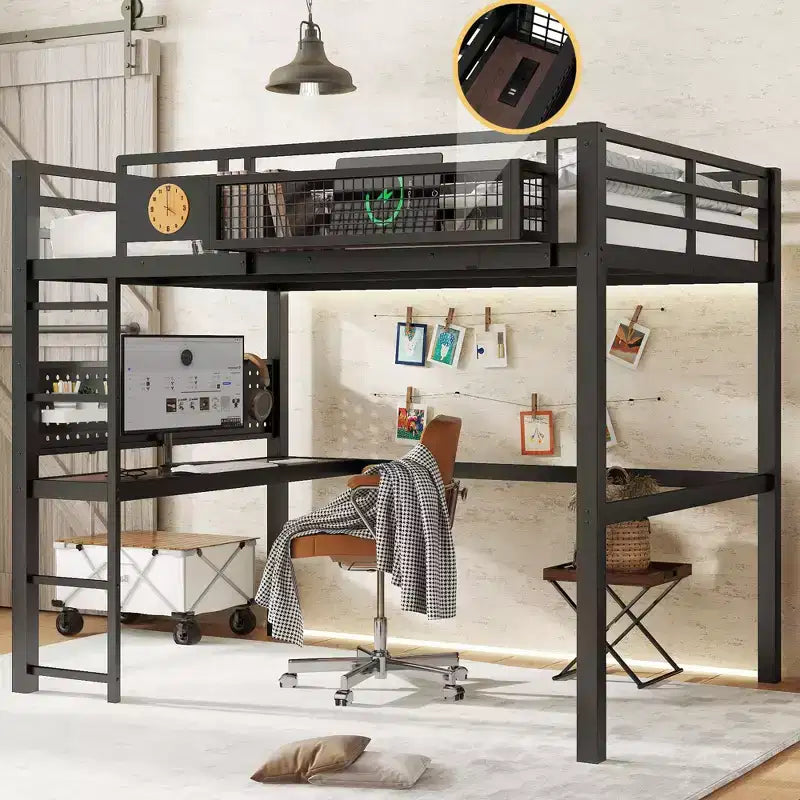 Bellemave lit mezzanine en métal avec bureau et panneau perforé, horloge intégrée et station de charge, panier de rangement, cadre moderne gain de place, tailles Twin XL et Full