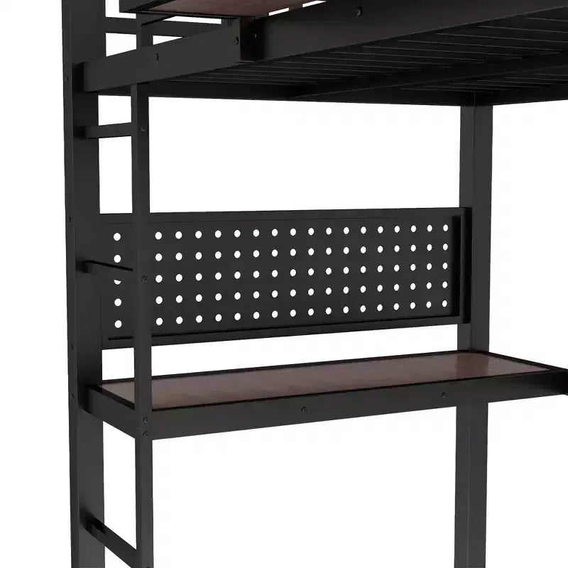Bellemave lit mezzanine en métal avec bureau et panneau perforé, horloge intégrée et station de charge, panier de rangement, cadre moderne gain de place, tailles Twin XL et Full