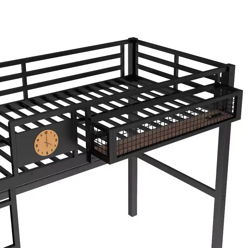 Bellemave lit mezzanine en métal avec bureau et panneau perforé, horloge intégrée et station de charge, panier de rangement, cadre moderne gain de place, tailles Twin XL et Full
