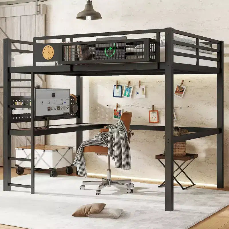 Bellemave lit mezzanine en métal avec bureau et panneau perforé, horloge intégrée et station de charge, panier de rangement, cadre moderne gain de place, tailles Twin XL et Full