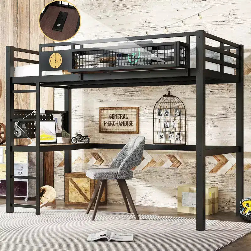 Bellemave lit mezzanine en métal avec bureau et panneau perforé, horloge intégrée et station de charge, panier de rangement, cadre moderne gain de place, tailles Twin XL et Full