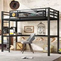 Bellemave lit mezzanine en métal avec bureau et panneau perforé, horloge intégrée et station de charge, panier de rangement, cadre moderne gain de place, tailles Twin XL et Full