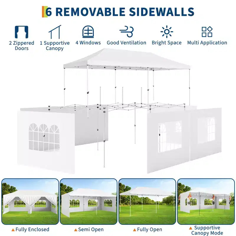 Tente auvent pliante 10x20 avec parois laterales, tente de fête d'extérieur robuste 420D Oxford, abri d'evenement portable, abri d'auto, pare-soleil, blanc