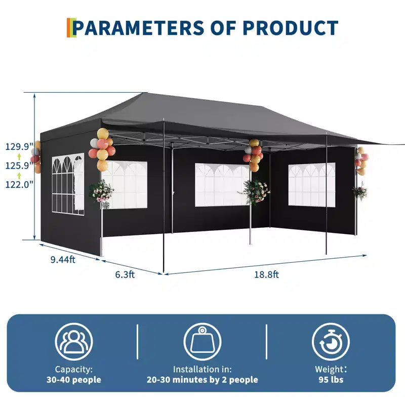 Tente auvent pliante 10x20 avec parois laterales, tente de fête d'extérieur robuste 420D Oxford, abri d'evenement portable, abri d'auto, pare-soleil, blanc