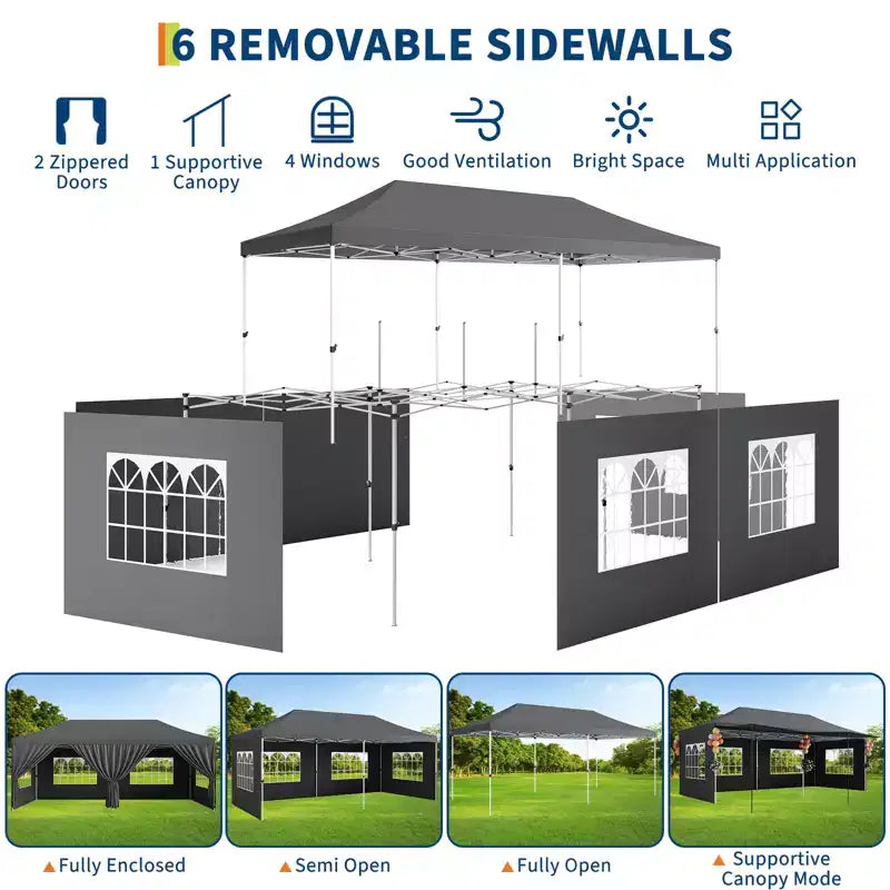 Tente auvent pliante 10x20 avec parois laterales, tente de fête d'extérieur robuste 420D Oxford, abri d'evenement portable, abri d'auto, pare-soleil, blanc
