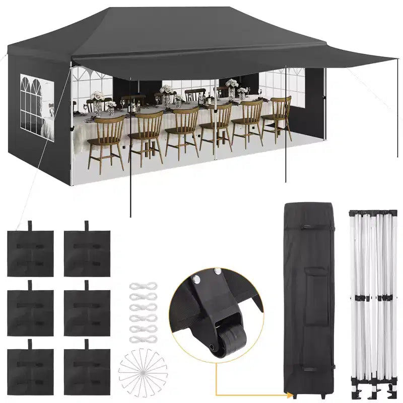 Tente auvent pliante 10x20 avec parois laterales, tente de fête d'extérieur robuste 420D Oxford, abri d'evenement portable, abri d'auto, pare-soleil, blanc
