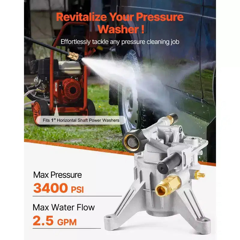 VEVOR Pompe de nettoyeur haute pression, arbre vertical 7/8, 2400 PSI, 2,5 GPM, kit de pompes de rechange avec quincaillerie et tube siphon, argent