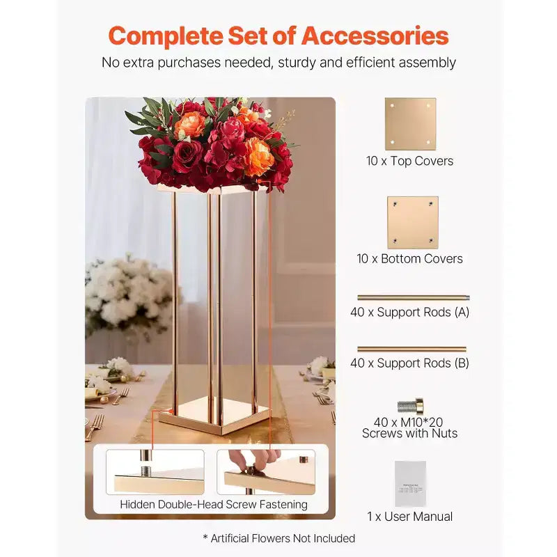 Support de fleurs de mariage VEVOR, support de fleurs colonne de 10 pièces de 60 cm, supports floraux avec stratifié métallique, présentoir floral cubique cylindrique, doré