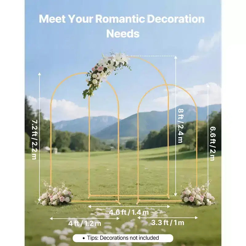Support de toile de fond en arche VEVOR, lot de 3, 2,4 m/2,2 m/2 m, structure stable, assemblage facile, support de toile de fond en arche en métal doré pour mariage, fête d'anniversaire, doré