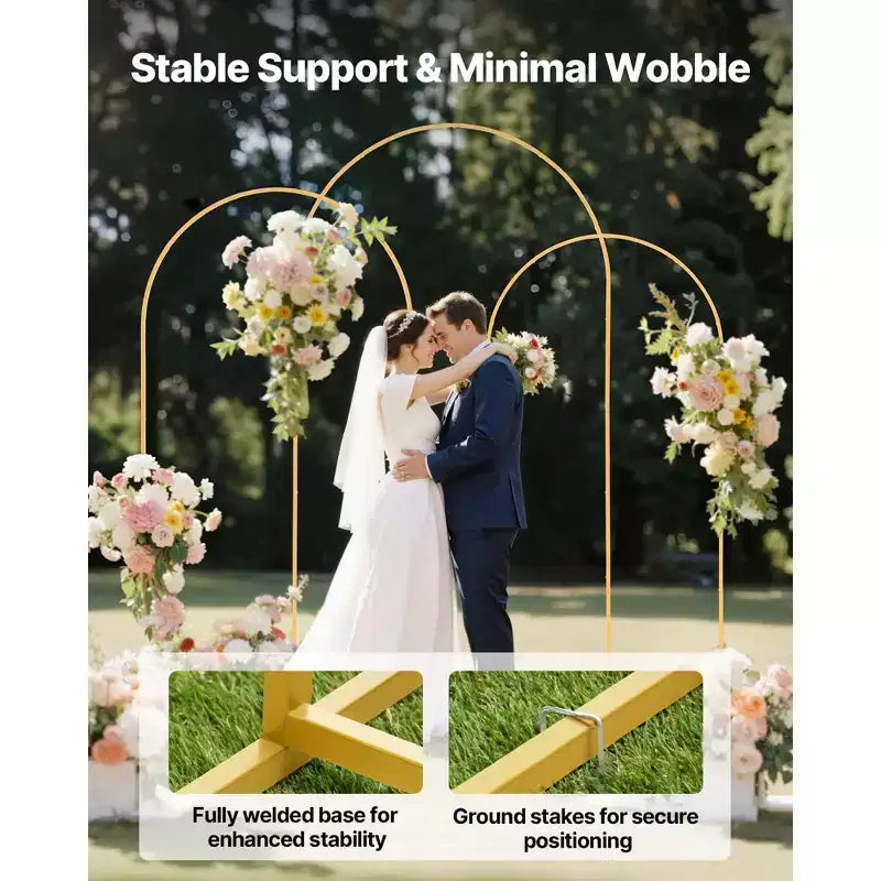 Support de toile de fond en arche VEVOR, lot de 3, 2,4 m/2,2 m/2 m, structure stable, assemblage facile, support de toile de fond en arche en métal doré pour mariage, fête d'anniversaire, doré