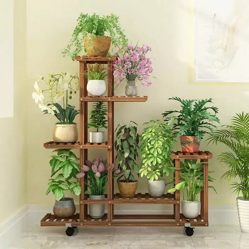 Home Collection Support à plantes haut roulant en bois avec roues