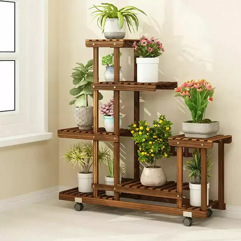 Home Collection Support à plantes haut roulant en bois avec roues