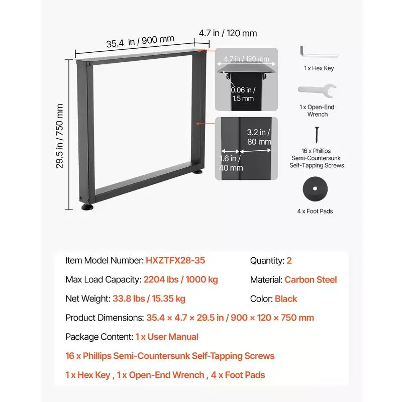VEVOR Pieds de table, pieds de meuble carrés en acier 29,5 H x 35,4 L, conception modulaire, montage facile, charge max très résistante 2204 lbs, lot de 2, Noir