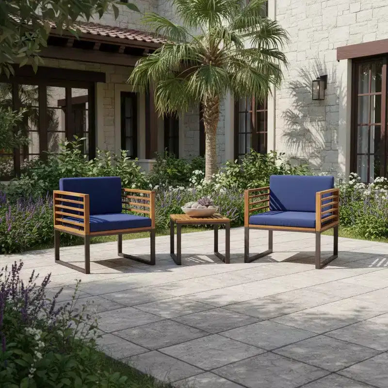 Gymax Ensemble Bistro d'Extérieur 3 Pièces en Bois d'Acacia avec Chaises Rembourrées Table Basse pour Terrasses Balcons Jardins