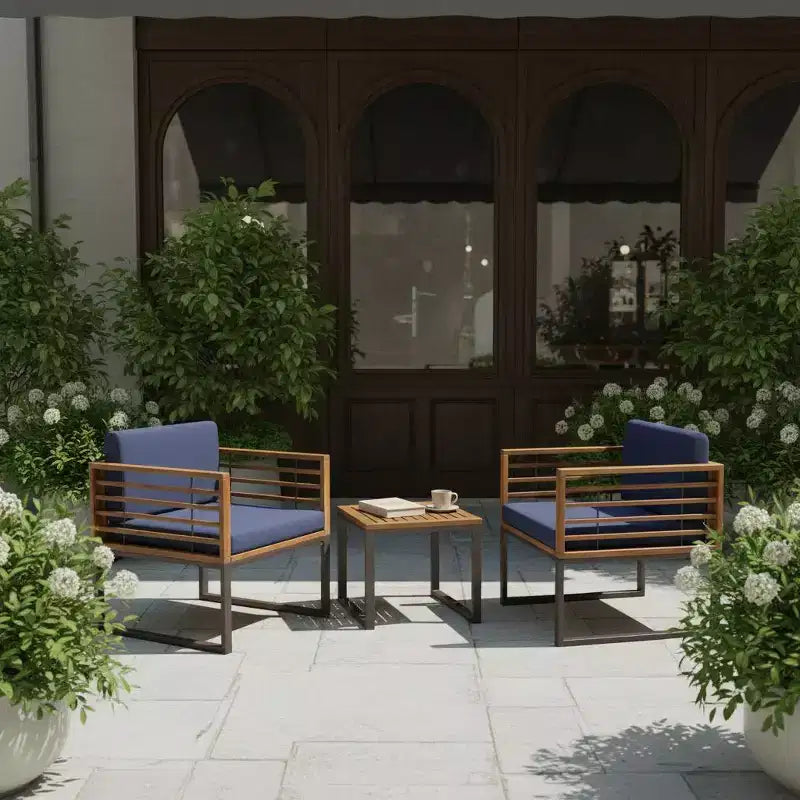 Gymax Ensemble Bistro d'Extérieur 3 Pièces en Bois d'Acacia avec Chaises Rembourrées Table Basse pour Terrasses Balcons Jardins
