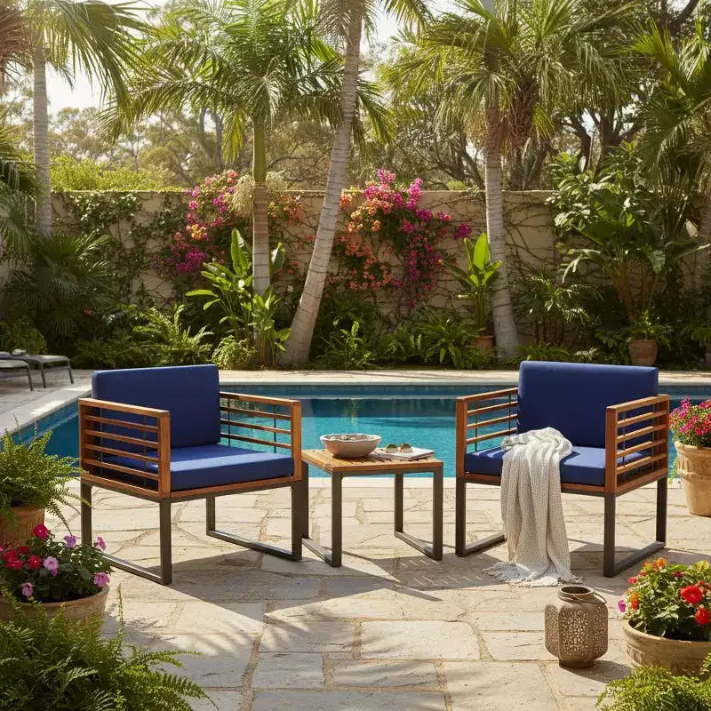 Gymax Ensemble Bistro d'Extérieur 3 Pièces en Bois d'Acacia avec Chaises Rembourrées Table Basse pour Terrasses Balcons Jardins