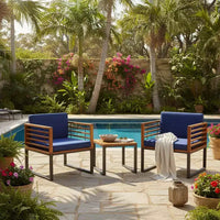 Gymax Ensemble Bistro d'Extérieur 3 Pièces en Bois d'Acacia avec Chaises Rembourrées Table Basse pour Terrasses Balcons Jardins