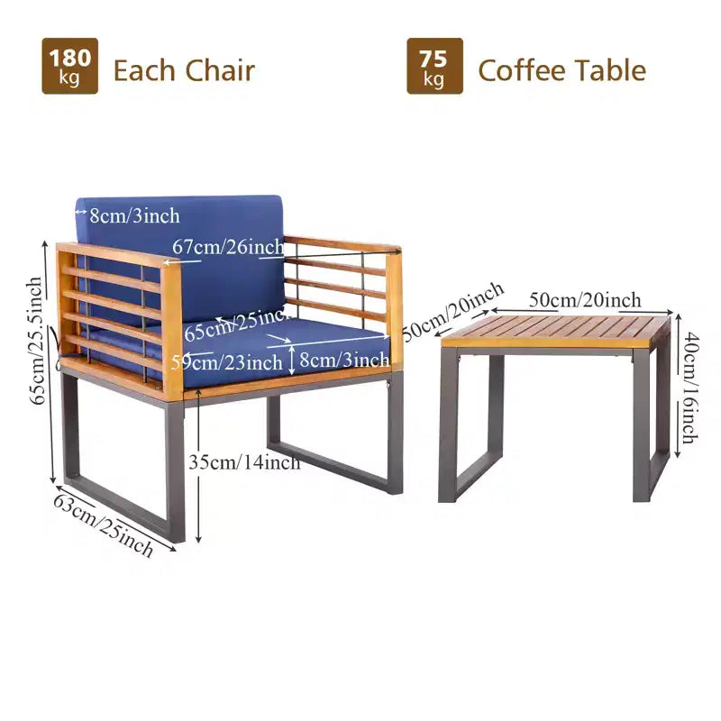 Gymax Ensemble Bistro d'Extérieur 3 Pièces en Bois d'Acacia avec Chaises Rembourrées Table Basse pour Terrasses Balcons Jardins