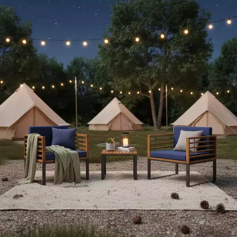 Gymax Ensemble Bistro d'Extérieur 3 Pièces en Bois d'Acacia avec Chaises Rembourrées Table Basse pour Terrasses Balcons Jardins
